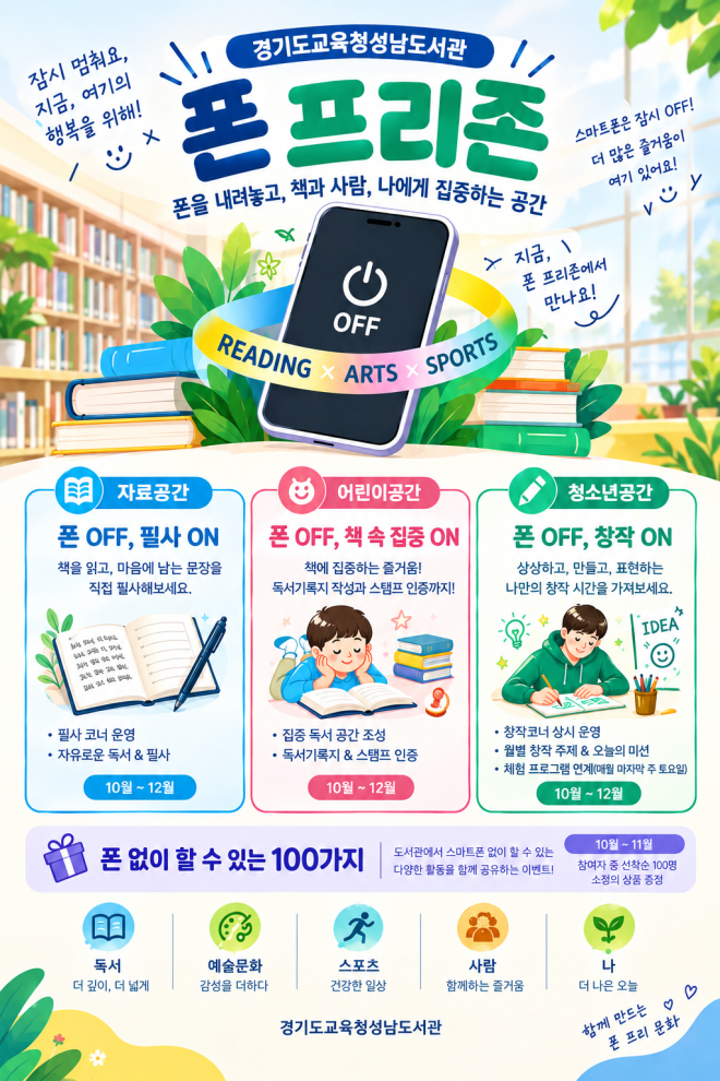 성남도서관, 10월부터 ‘폰 프리(Phone-Free)존’ 운영