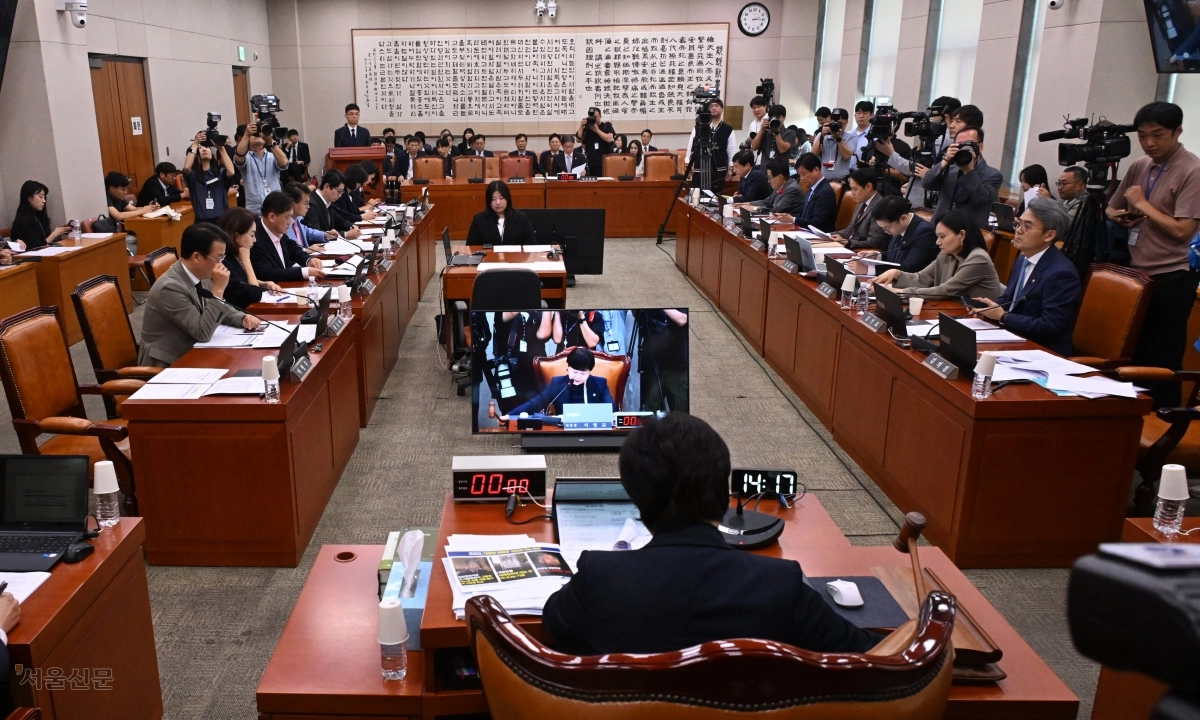 더불어민주당 소속 서영교(뒷모습) 국회 법제사법위원장이 28일 국회 법사위 전체회의 개의를 선언하고 있다.  안주영 전문기자