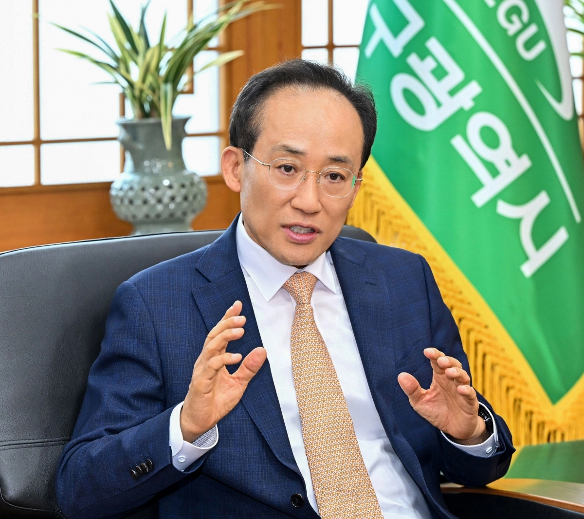 추경호 대구시장이 20일 서울신문과의 인터뷰에서 정부의 공공기관 2차 이전의 최적지가 대구라는 점을 설명하고 있다. 대구시 제공