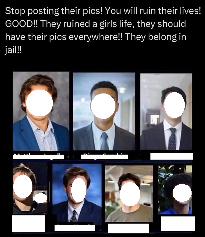 2024년 코넬대에서 발생한 성폭행 사건 가해자로 지목된 남학생 7명의 사진. 엑스 캡처