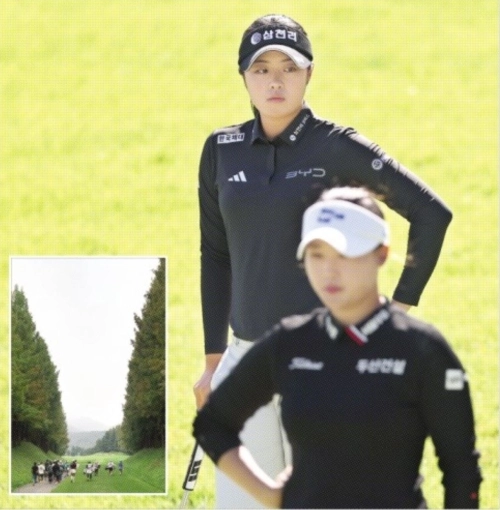 서교림(뒤쪽)과 김민솔이 10월 1일부터 나흘 동안 경기 여주시 블루헤런GC에서 열리는 한국여자프로골프(KLPGA)투어 시즌 마지막 메이저대회인 하이트진로 챔피언십에서 메이저 2승에 나란히 도전한다. 작은 사진은 어렵기로 악명이 높은 블루헤런GC 6번 홀 전경. KLPGA 제공