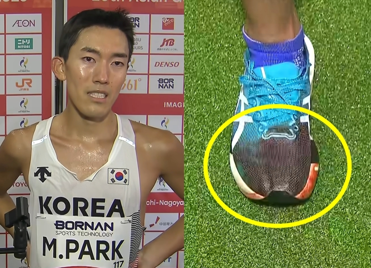 한국 마라톤 선수 박민호는 지난 26일 일본 나고야 도로 코스에서 열린 남자 마라톤에서 42.195㎞ 풀코스를 2시간 15분 35초에 완주해 19명의 출전 선수 중 8위를 기록했다. 오른쪽 사진은 발바닥 부상으로 운동화가 피로 물든 모습. KBS 스포츠 유튜브 채널 ‘올스’캡처