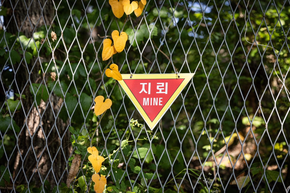 지난달 30일 경기도 연천군 서부전선 비무장지대(DMZ) 민간인통제선 지역에 지뢰 경고 표지판이 설치되어 있다. 이날 군과 유엔군사령부는 DMZ에서 발생한 지뢰 폭발 사고에 대해 북측의 정전협정 위반임을 공식 발표했다. 2026.9.30 연합뉴스