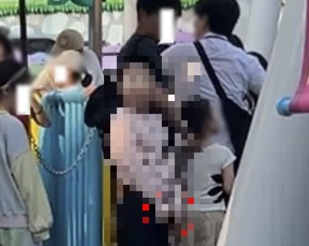 서울 송파구 롯데월드에서 놀이기구 탑승을 기다리던 남자 아이가 대기 줄에 선 채 소변을 보는 모습이 포착돼 논란이 일고 있다. 보배드림 인스타그램 캡처