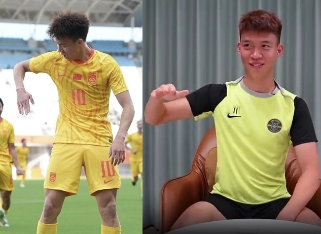 지난달 30일 일본 오사카 나가이 스타디움에서 열린 2026 아이치·나고야 아시안게임 남자 축구 준결승 대한민국과 중국의 경기에서 전반전에 선제골을 넣은 왕위둥(중국)이 그룹 에이티즈의 ‘배드’ 춤을 추고 있다.(왼쪽) 오른쪽은 그가 지난달 소속팀인 저장FC 라커룸에서 ‘배드’ 춤을 연습하는 모습. 자료 : 신화 연합뉴스·저장FC 더우인