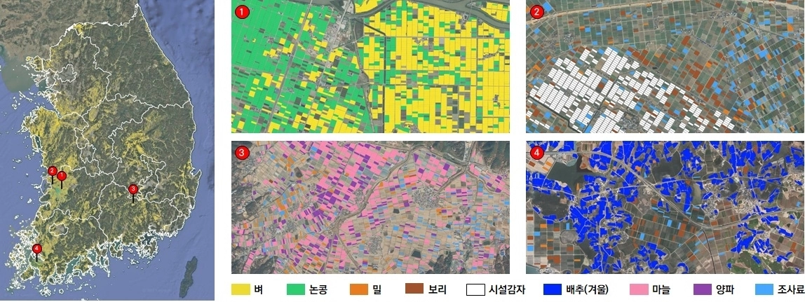 치세대중형위성 4호(농림위성)이 보낸 자료를 바탕으로 작성한 주요 작물 재배면적 추정  농림청 제공
