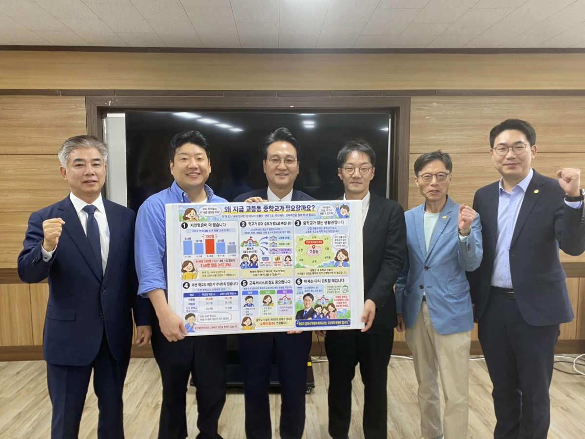 ▲문승호 의원(오른쪽 첫 번째)과 안민석 경기도교육감(왼쪽 세 번째), 이상철 성남교육장 및 학부모들이 1일 경기도교육청 국제교육원에서 ‘고등동 중학교 신설 필요성’이 담긴 패널을 들고 기념촬영을 하고 있다. (사진=경기도의회)
