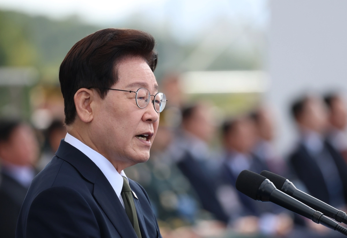 이재명 대통령이 1일 충남 계룡대에서 열린 제78주년 국군의 날 기념행사에서 기념사를 하고 있다. 2026.10.1 연합뉴스