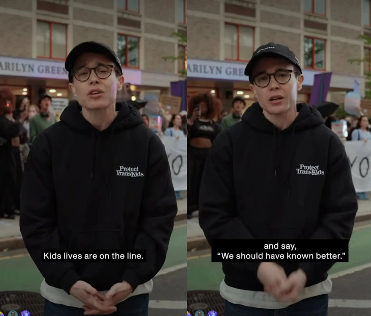 트랜스젠더 배우 엘리엇 페이지(39)가 미국 뉴욕대(NYU) 랭곤 병원 앞 시위 현장에서 미성년자 성전환 치료 중단에 반대하는 의견을 밝히고 있다. 아역 배우 출신인 그는 과거 ‘엘런 페이지’라는 이름의 여성 배우로 활동하며 명성을 얻었지만 2020년 트랜스젠더임을 공개하고 지금의 이름으로 바꿨다. 소셜미디어(SNS) 캡처