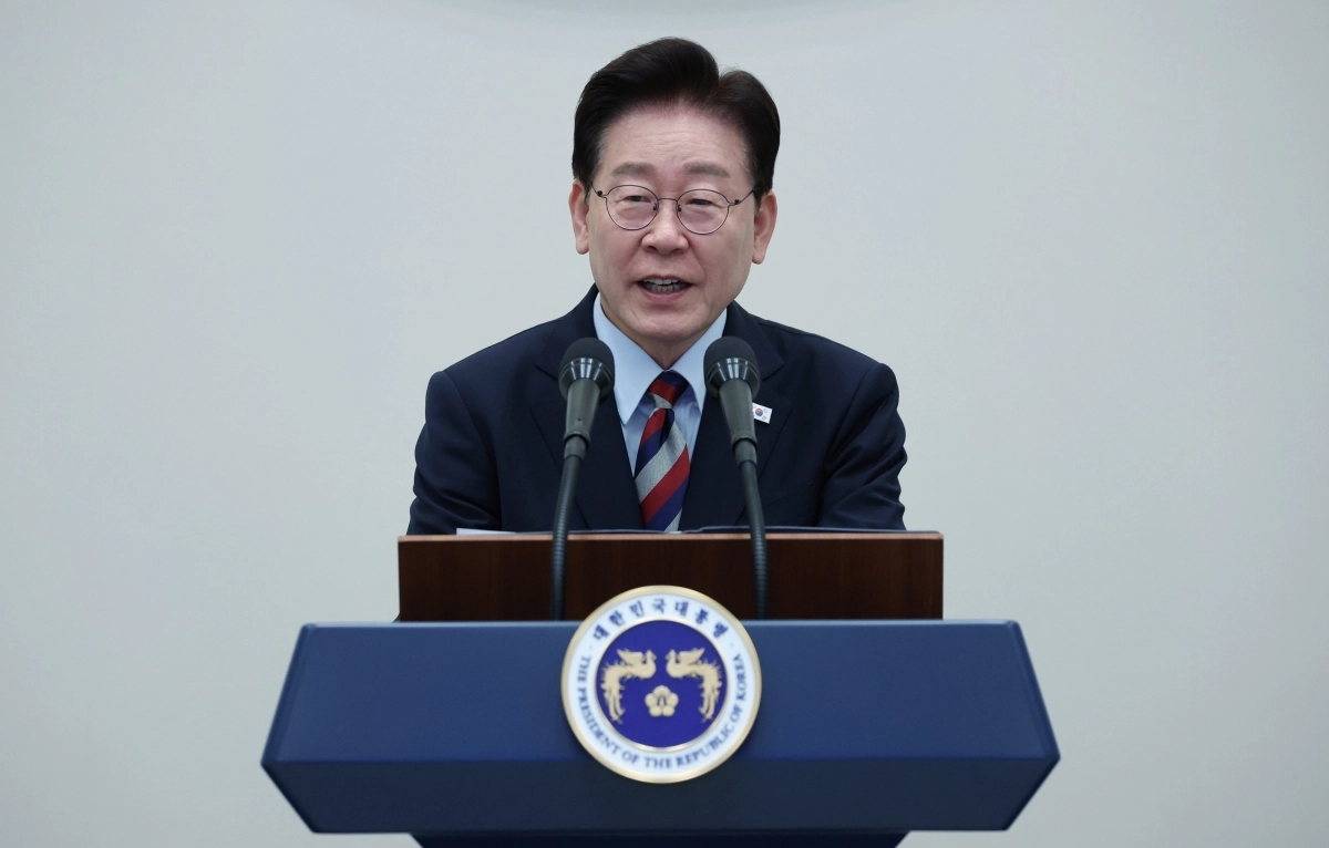 이재명 대통령이 7일 청와대에서 열린 재일본대한민국민단 창단 80주년 기념 간담회에서 환영사를 하고 있다. 연합뉴스