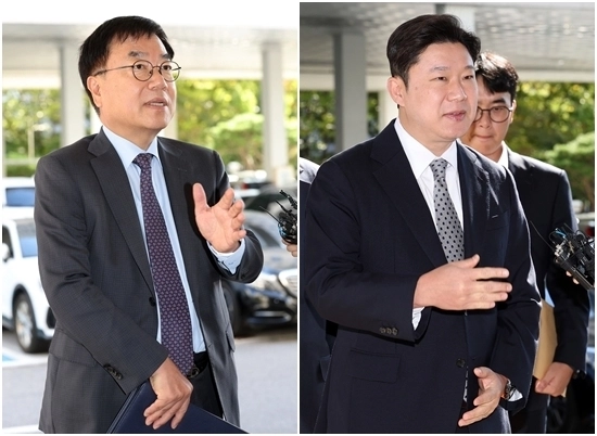 국민의힘 중앙윤리위원회로부터 ‘당원권 정지’ 징계 처분을 받은 서범수(왼쪽)·진종오 의원이 7일 서울 양천구 서울남부지법에서 열린 징계 효력정지 가처분 사건의 심문에 출석해 취재진의 질문에 답하고 있다. 연합뉴스
