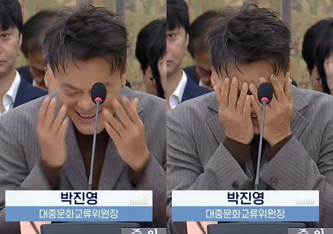 국회 국정감사에 증인으로 출석한 박진영 대중문화교류위원회 공동위원장이 국민의힘 의원의 질문에 두 손으로 얼굴을 감싸며 헛웃음을 터뜨리는 모습이 포착됐다. 유튜브 채널 ‘NATV 국회방송’ 캡처