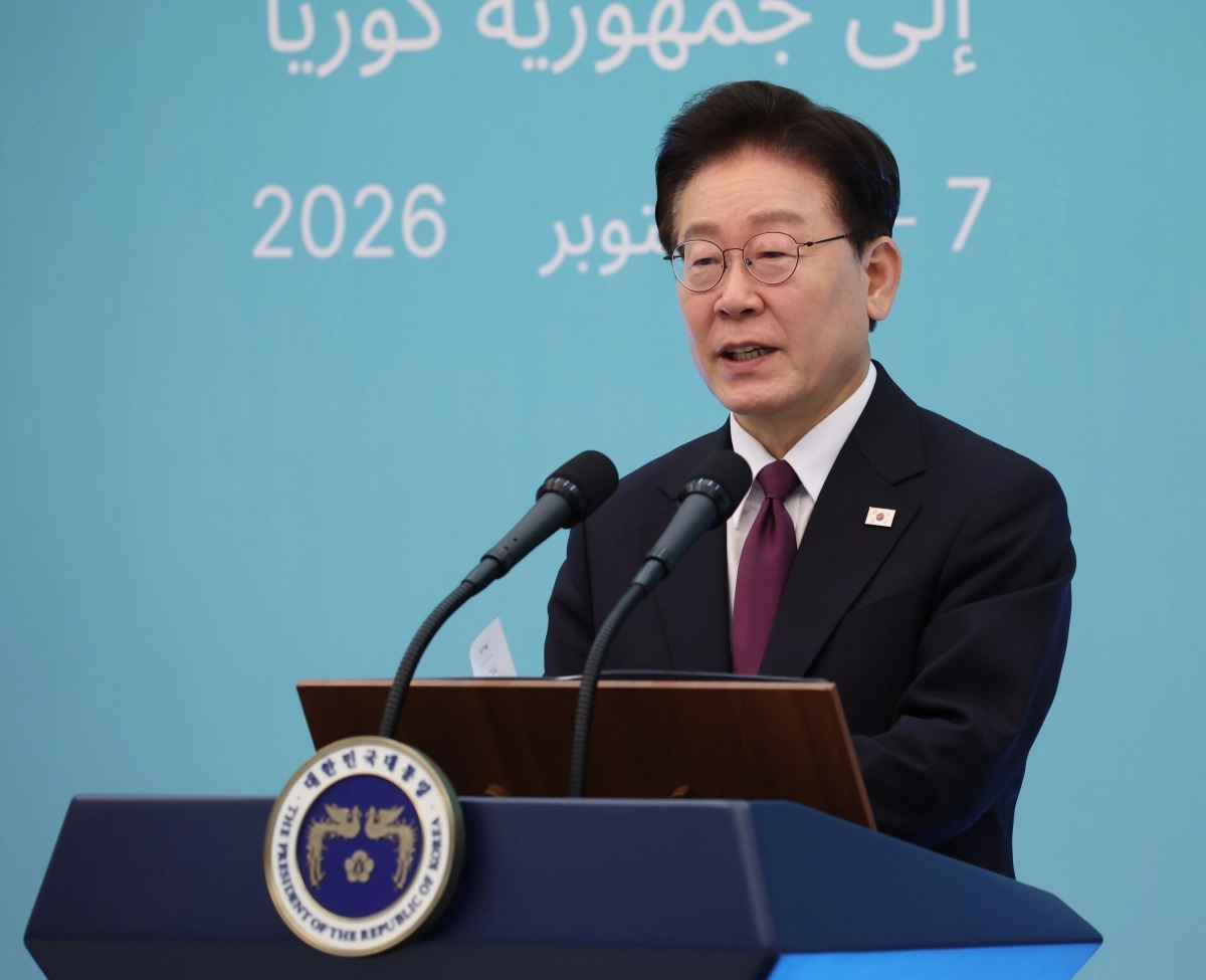 이재명 대통령이 8일 청와대에서 열린 압델 파타 알시시 이집트 대통령과의 공동언론발표에서 발언하고 있다. 2026.10.8 연합뉴스
