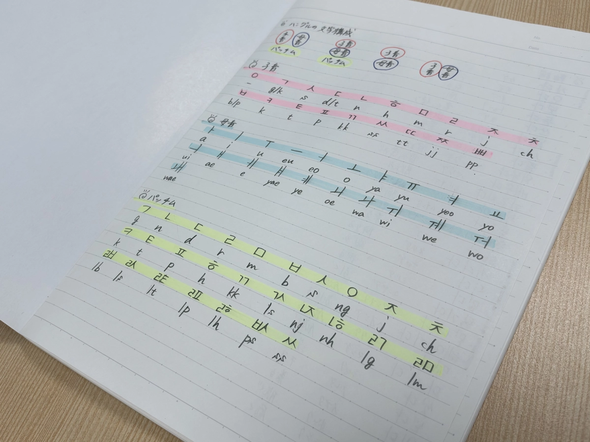 일본 출신 하기와라 에루가 처음 한글을 배울 때 사용했던 공책. 한글 자모의 음가를 가진 로마자가 대응돼 있다. 정회하 기자