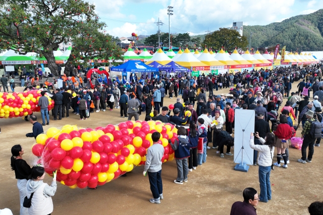 지난해 열린 청송사과축제 ‘황금사과를 찾아라’ 행사에 참여하려는 관광객들이 줄을 길게 선 모습. 이 행사는 풍선 안에 금반지를 숨긴 이벤트로 큰 인기를 얻고 있다. 청송군 제공