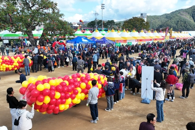 지난해 열린 청송사과축제 ‘황금사과를 찾아라’ 행사에 참여하려는 관광객들이 줄을 길게 선 모습. 이 행사는 풍선 안에 금반지를 숨긴 이벤트로 큰 인기를 얻고 있다. 청송군 제공