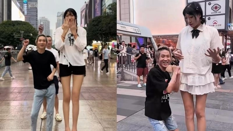 키 220㎝의 중국 인플루언서 샤오웨와 168㎝의 남자친구 쯔하오. 소셜미디어(SNS) 캡처