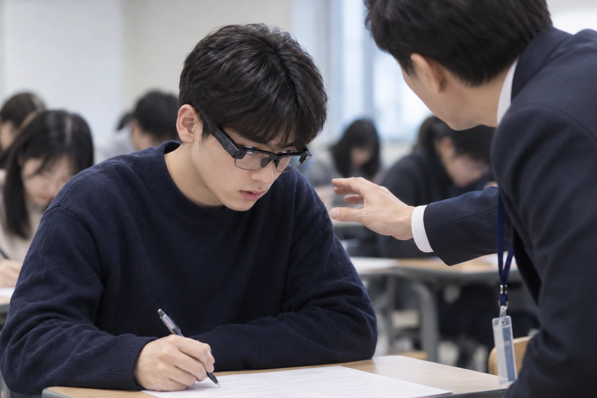 2027학년도 대입 수시 논술 시험에서 수험생이 인공지능(AI) 기능이 탑재된 스마트 안경을 쓰고 문제를 풀다 적발되는 일이 잇달아 발생했다. AI로 생성한 이미지.