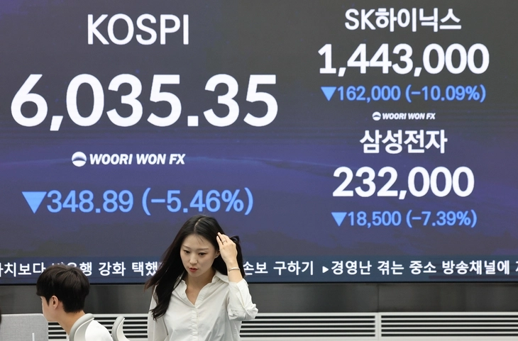 13일 서울 중구 우리은행 본점 딜링룸에 코스피 및 SK하이닉스, 삼성전자 종가가 표시돼 있다. 2026.10.13  연합뉴스