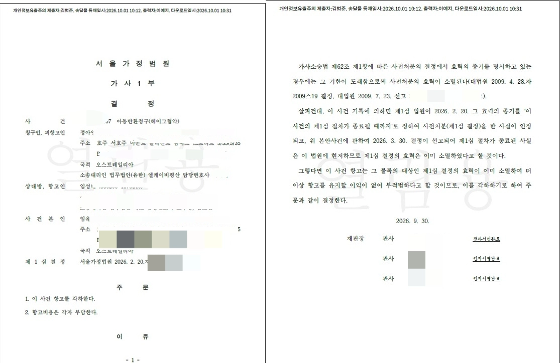 헤이그협약 아동반환청구 판결문. 유족 제공