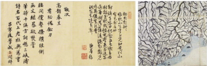 보물 문서 ‘봉사조선창화시권’. 1450년 명 사신 예겸이 약 1개월간 조선에 머무르며 정인지, 신숙주, 성삼문 등의 집현전 학자들과 함께 나눈 시문을 모았다. 오른쪽 사진은 대동여지도 중 함경남도 함주, 흥남, 함흥 부분. 1404년 명 관리들이 함주에 군사 전초기지를 두려 했을 때 조선은 “조선이 다스리는 땅 역시 황제의 주권 아래 있다”고 주장했고, 영락제는 계획을 거뒀다. 국립중앙박물관·한국민족문화대백과사전 제공