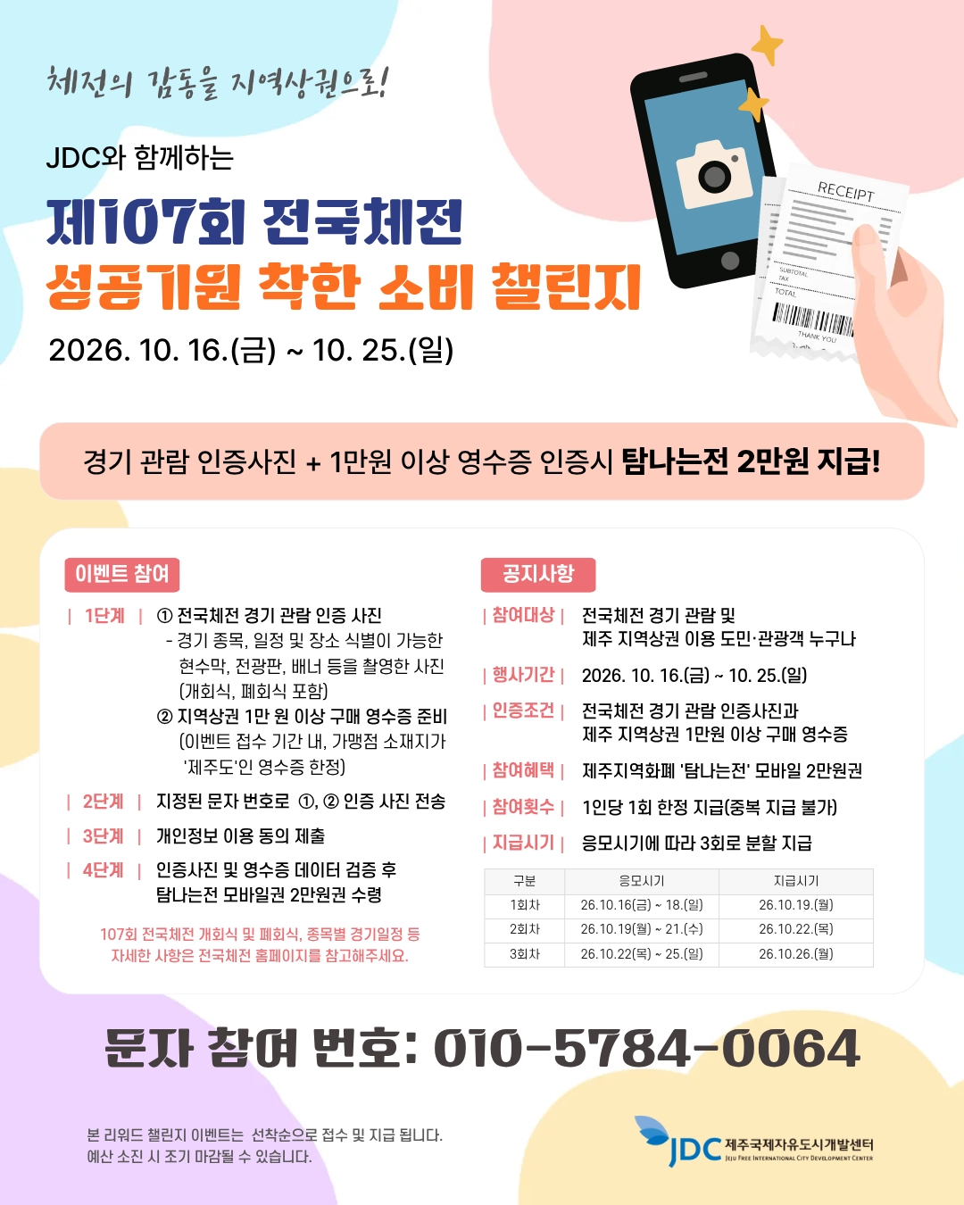제주국제자유도시개발센터(JDC)가 전국체전의 성공적인 개최와 지역 상권 활성화를 위해 오는 25일까지 ‘JDC와 함께하는 제107회 전국체전 성공 기원 착한 소비 챌린지’를 진행한다. JDC 제공
