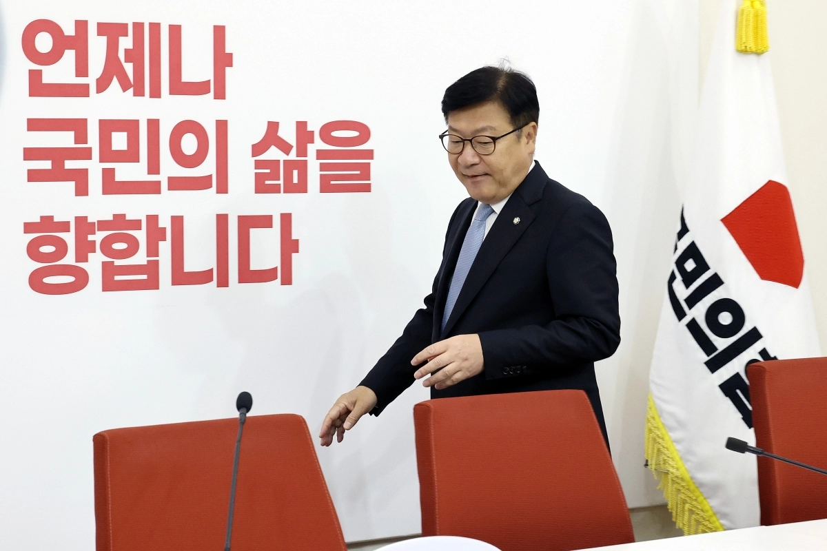 국민의힘 정점식 원내대표가 18일 국회에서 열린 국정감사 현안 관련 기자간담회에 참석하고 있다. 연합뉴스