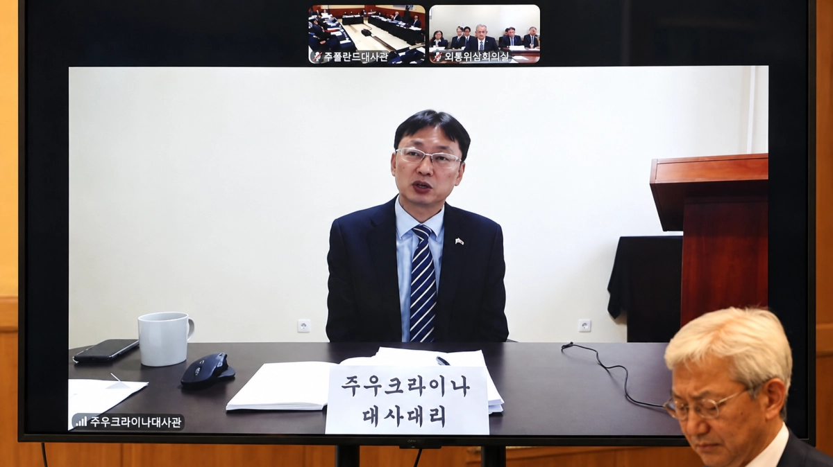 윤지완 주우크라이나 공사참사관이 18일(현지시간) 국회 외교통일위원회의 국정감사에서 화상으로 답변하고 있다. 아래 오른쪽은 태준열 주폴란드 대사.  연합뉴스