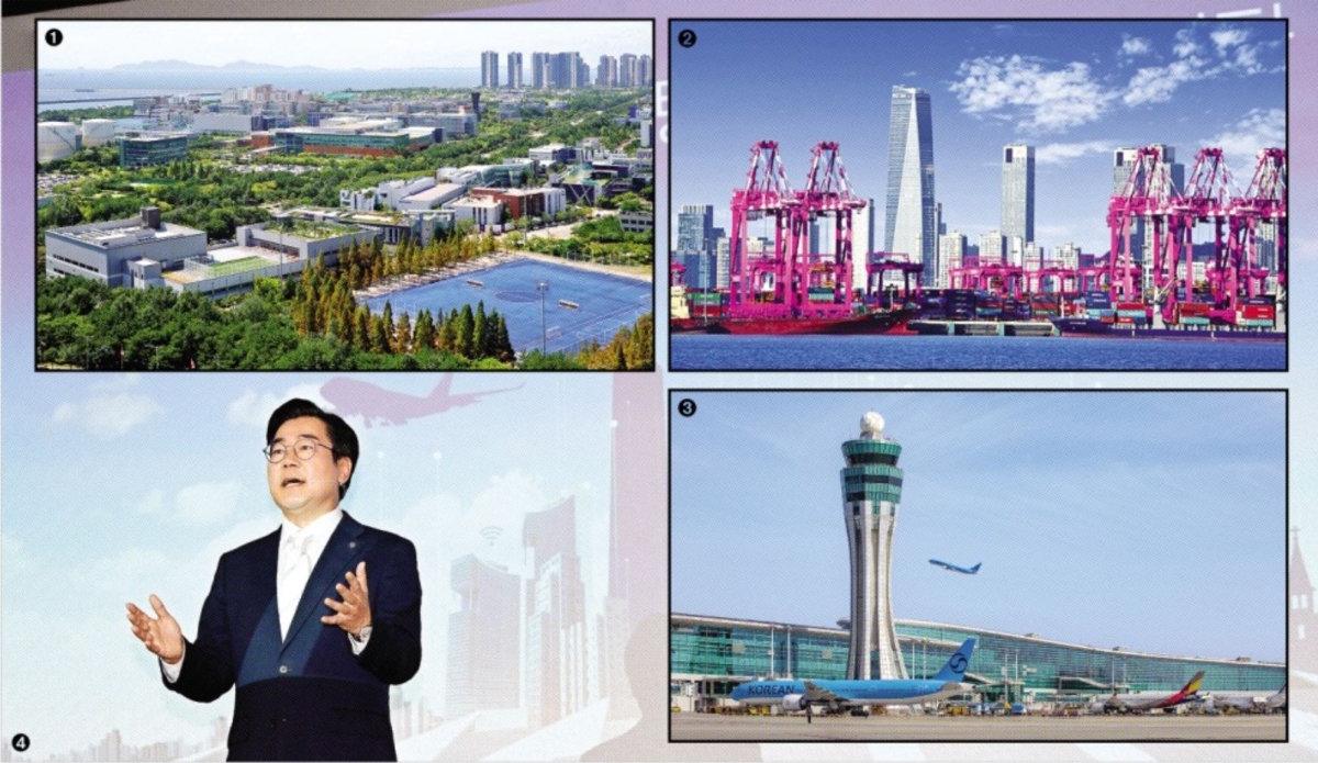 인천시가 공항·항만과 첨단산업을 성장 기반 삼아 도시의 가치를 높이는 ‘인천 리레이팅’을 추진한다. 사진은 ① 인천의 핵심 성장 거점인 송도국제도시 ② 인천신항 ③ 인천국제공항. ④ 박찬대 인천시장이 지난 7일 취임 100일을 맞아 ‘인천 리레이팅’에 관한 설명을 하고 있다. ﻿  인천경제청·인천항만공사·인천공항공사·인천시 제공