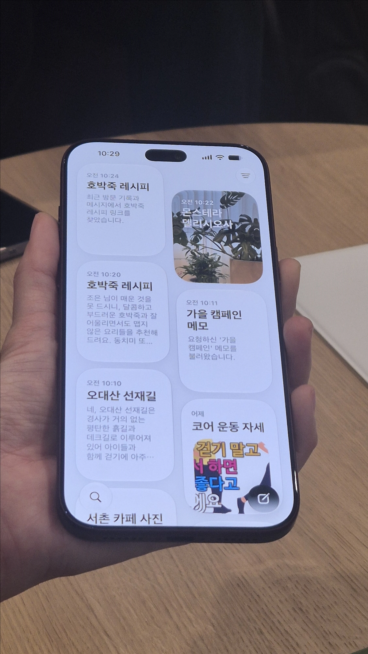 애플의 차세대 인공지능(AI) 비서 ‘시리 AI’ 전용 앱 화면. 호박죽 레시피 검색, 오대산 선재길 정보 확인, 식물 인식 등 이용자가 이전에 나눈 대화가 기록돼 있다. 시리 AI는 과거 대화를 다시 확인하거나 다른 기기에서 이어갈 수 있도록 지원한다. 민나리 기자