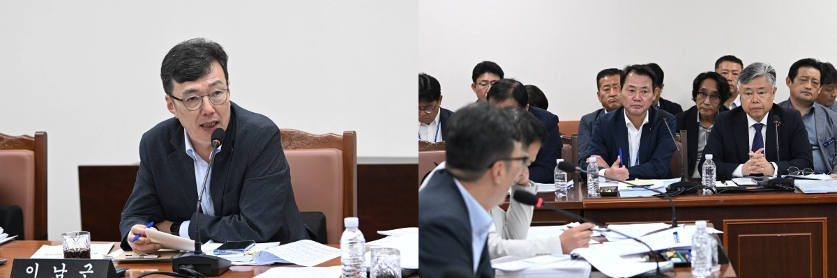 21일 제주도의회 제455회 임시회 환경도시위원회 회의에서 국민의힘 이남근 의원(왼쪽사진·한림읍)은 전국체전 개막일 항공편 지연 사태와 관련해 제주도를 상대로 사전 협의와 피해 대응 실태를 집중적으로 질의했다. 제주도의회 제공