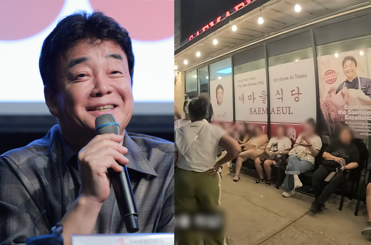 백종원 더본코리아 대표와 미국 텍사스주 캐럴턴에 위치한 새마을식당에 외국인들이 입장을 위해 대기하고 있는 모습. 연합뉴스, 유튜브 채널 ‘영알남YAN’