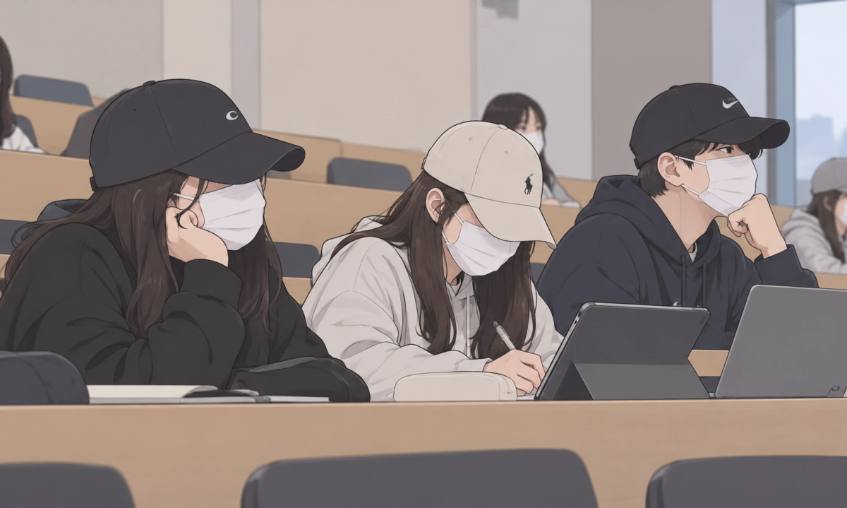 대학생들이 강의실에서 모자와 마스크를 착용한 채 앉아있는 모습을 생성형 인공지능(AI) 챗GPT가 그린 이미지.