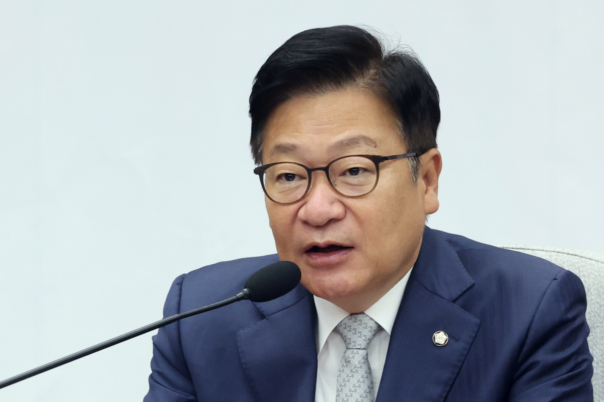 정점식 국민의힘 원내대표가 23일 오전 서울 여의도 국회에서 열린 국정감사대책회의에서 발언을 하고 있다. 뉴스1