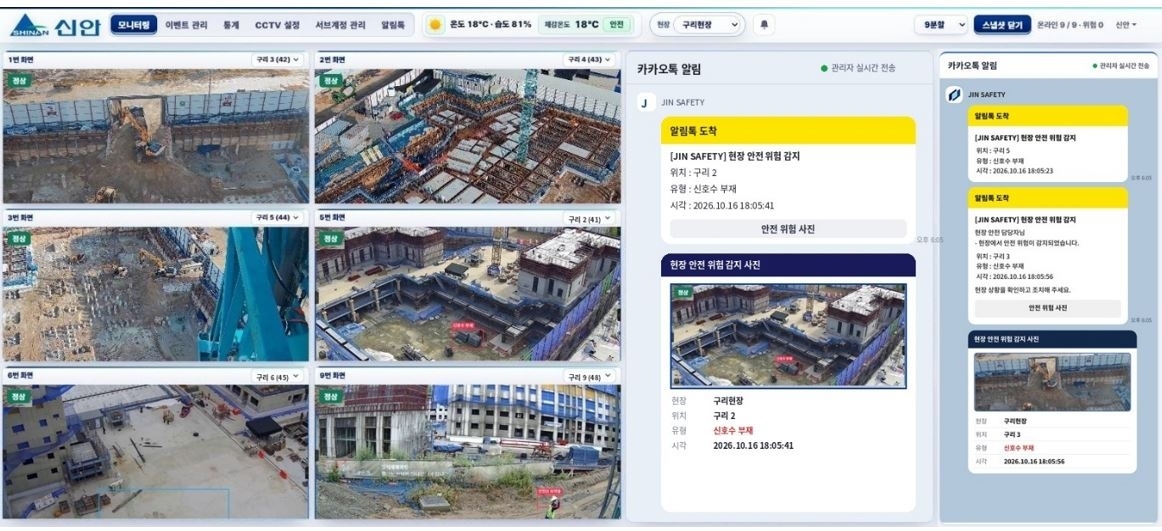 진인프라가 신안인스빌 건설현장에 구축한 AI 안전관제 시스템 ‘JIN SAFETY’ 운영 화면