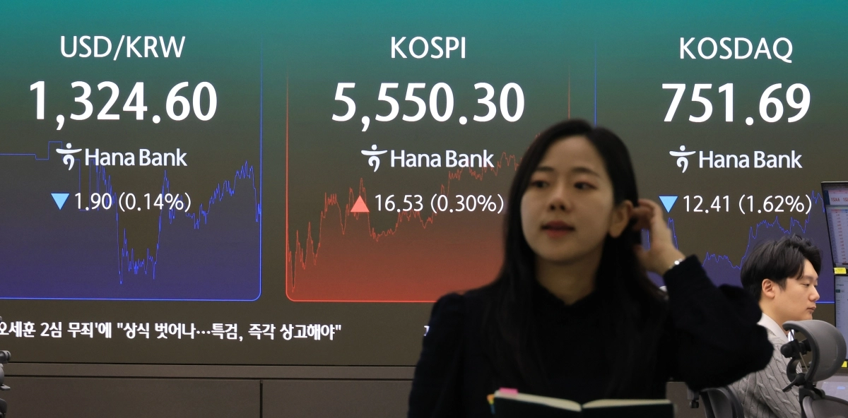 23일 서울 중구 하나은행 본점 딜링룸에 원/달러 환율과 코스피가 표시되고 있다. 이날 코스피는 전장보다 16.53포인트(0.30%) 오른 5,550.30으로 거래를 마쳤다.  원/달러 환율은 0.4원 오른 1,324.6원(15:30 기준가)으로 기록됐다. 2026.10.23. 연합뉴스