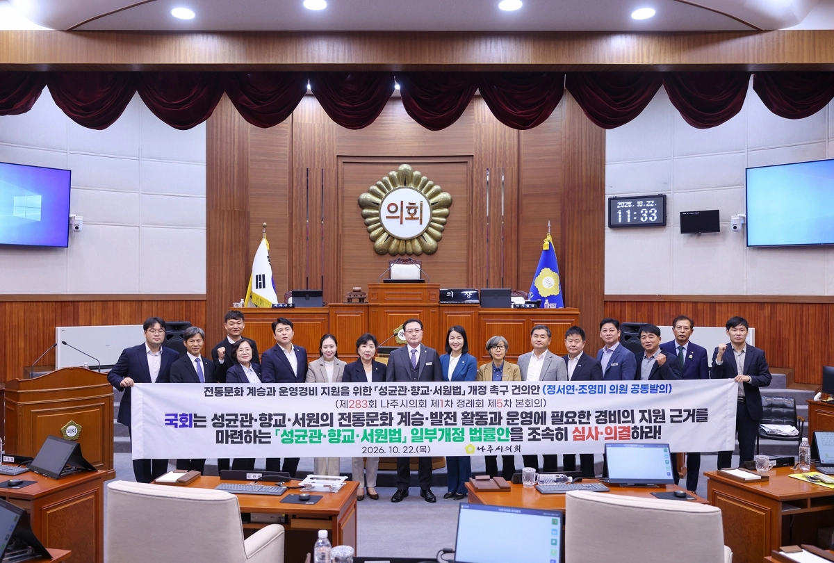 나주시의회는 최근 열린 제283회 제1차 정례회 제5차 본회의에서 정서연·조영미 의원이 공동 발의한 ‘전통문화 계승과 운영경비 지원을 위한 성균관·향교·서원법 개정 촉구 건의안’을 채택했다.