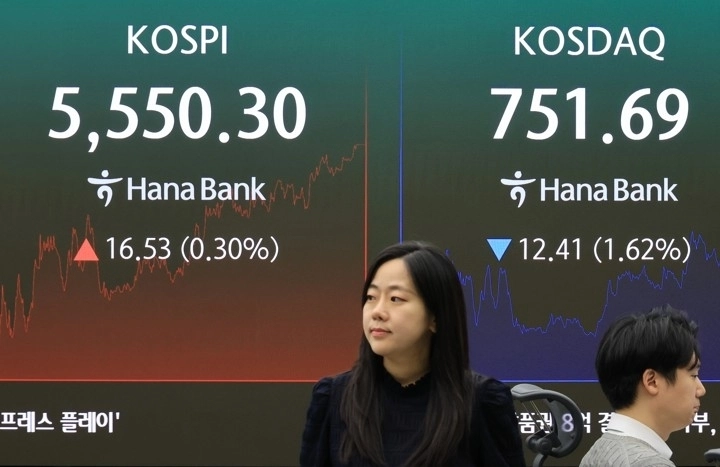 23일 서울 중구 하나은행 본점 딜링룸에 코스피가 표시되고 있다. 이날 코스피는 전장보다 16.53포인트(0.30%) 오른 5,550.30으로 거래를 마쳤다. 2026.10.23  연합뉴스