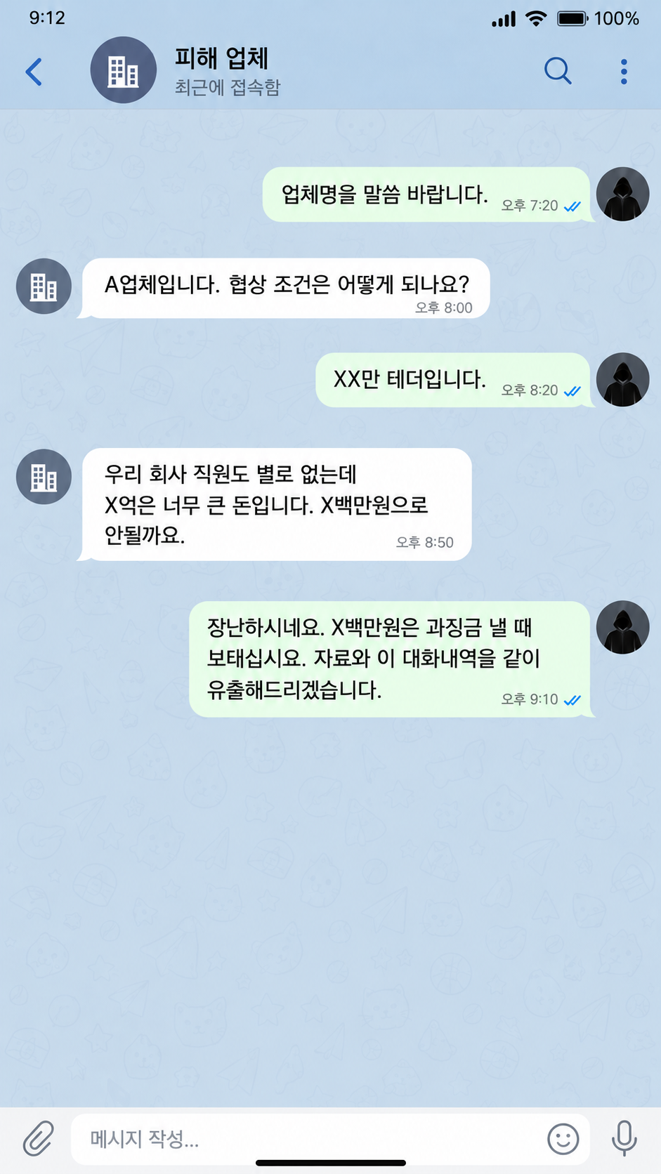 A씨 일당이 텔레그램을 통해 피해 업체를 상대로 보낸 협박 메시지 자료 이미지. 서울경찰청 제공