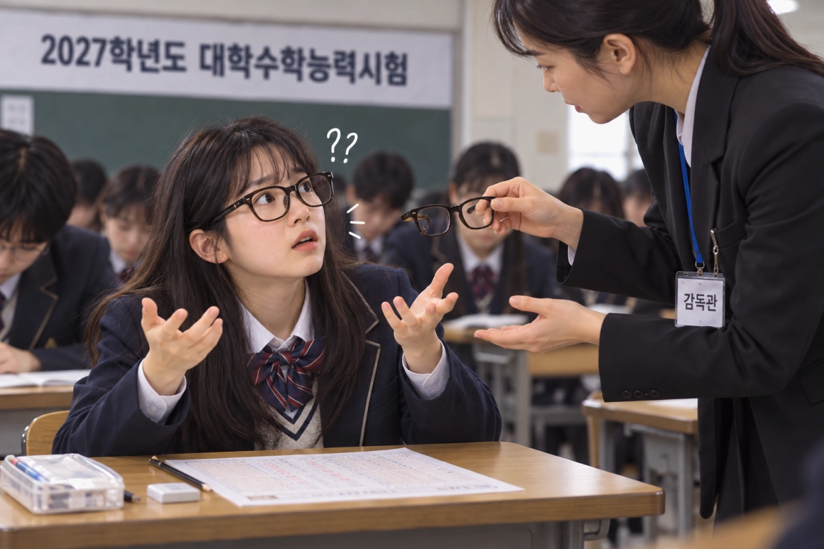 교육당국이 2027학년도 대학수학능력시험에서 ‘스마트 안경’을 착용하거나 반입한 수험생을 부정행위로 간주하고, 스마트 안경 착용이 의심되는 수험생들에 대해 감독관이 확인할 수 있도록 했다. 수능 당일 시험장에서 안경을 착용했다 감독관으로부터 스마트 안경 여부 확인을 요구받아 당혹스러워하는 수험생을 생성형 인공지능(AI) 챗GPT가 그린 이미지.