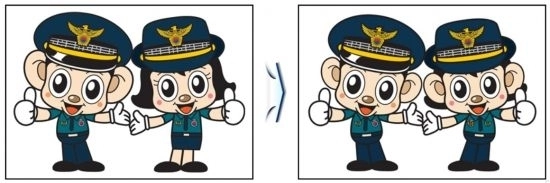 포돌이·포순이 개정 전(왼쪽)과 후. 캐릭터 탄생 21년 만인 2020년 여경을 상징하는 포순이가 치마 대신 바지를 입었다. 속눈썹도 사라지고 단발머리는 귀 뒤로 넘겼다. 경찰청 제공