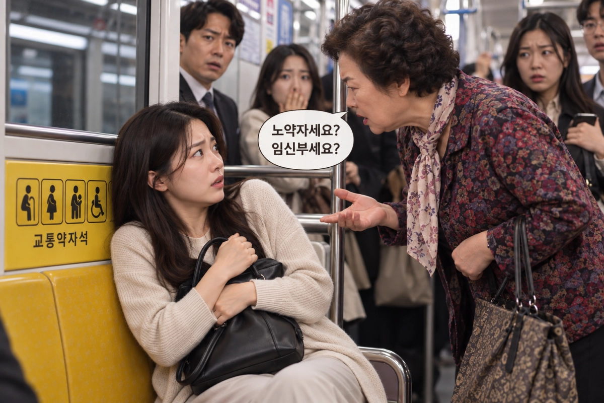 수술을 받아 출혈 위험이 있는 여성 A씨가 서울 지하철 2호선 교통약자석에 앉았다 한 노인 여성으로부터 폭언을 들었다는 사연이 전해졌다. 사진은 A씨의 사연을 생성형 인공지능 챗GPT가 구현한 이미지.
