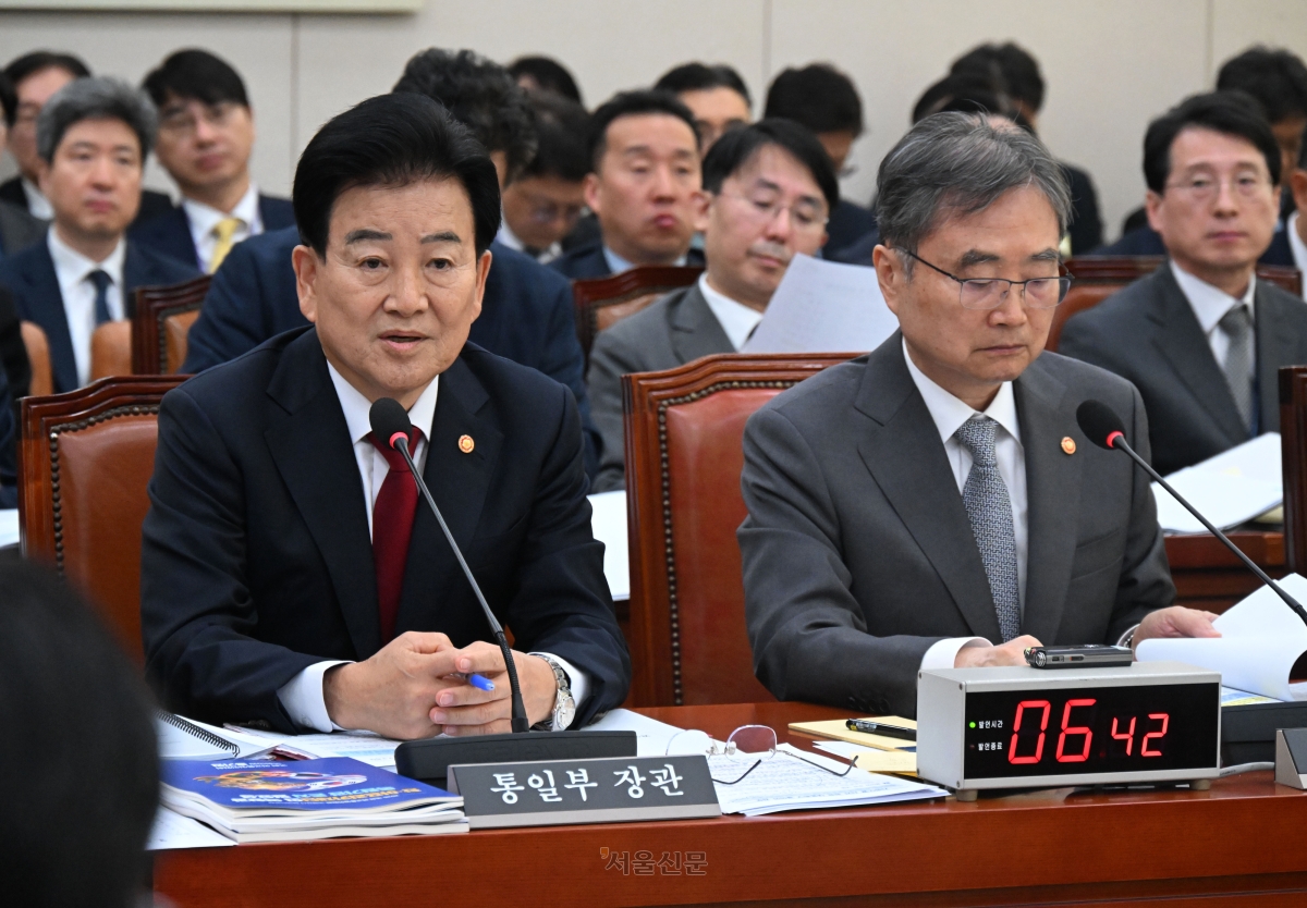 정동영(왼쪽) 통일부 장관이 27일 국회 외교통일위원회의 종합국정감사에서 의원 질의에 답변하고 있다. 오른쪽은 조현 외교부 장관. 안주영 전문기자