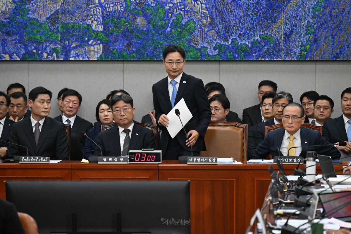 임광현 대통령 비서실장이 29일 국회 운영위원회의 대통령비서실 등에 대한 국정감사에 참석하고 있다. 왼쪽부터 윤기현 대통령경호처 운영관리본부장 직무대리, 하준경 청와대 정책실장, 임 실장, 위성락 국가안보실장. 홍윤기 기자